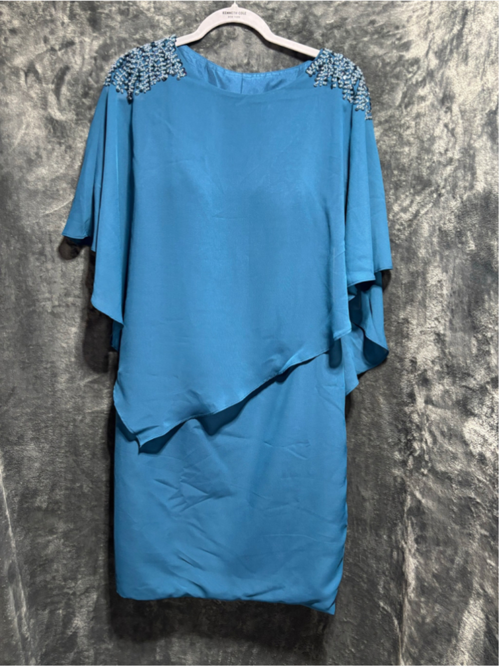 Teal Blue Beaded Evening Chiffon Cape Overlay Semiformal Dress NWT Plus 14